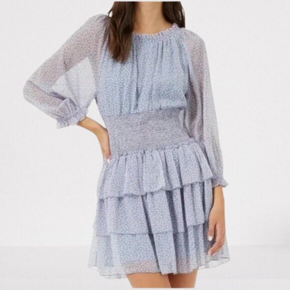 NEW French Connection Sheer Smocked Waist Tiered-Skirt Blue Dress - Picture 2 of 16